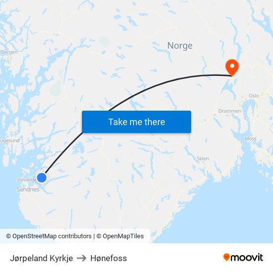 Jørpeland Kyrkje to Hønefoss map