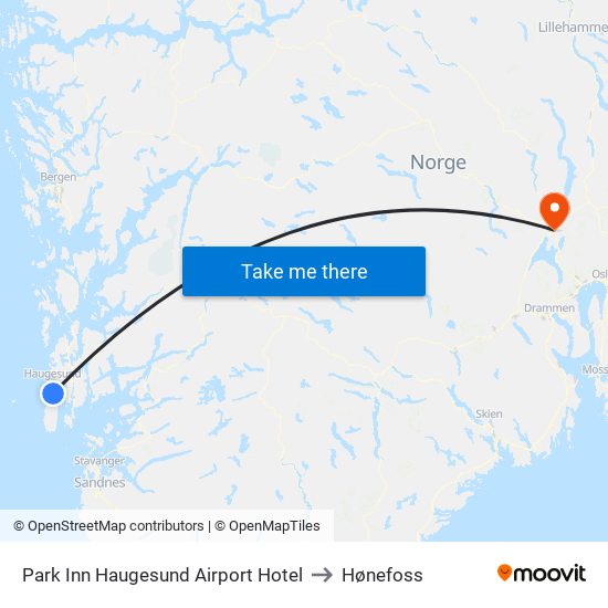 Park Inn Haugesund Airport Hotel to Hønefoss map