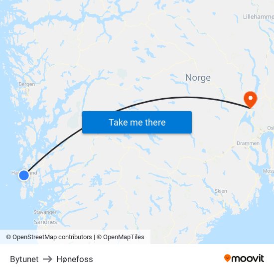 Bytunet to Hønefoss map