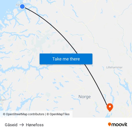 Gåseid to Hønefoss map