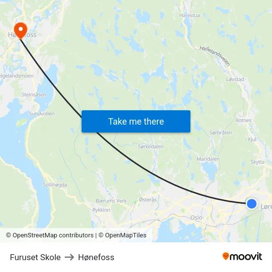 Furuset Skole to Hønefoss map