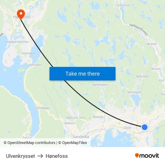 Ulvenkrysset to Hønefoss map
