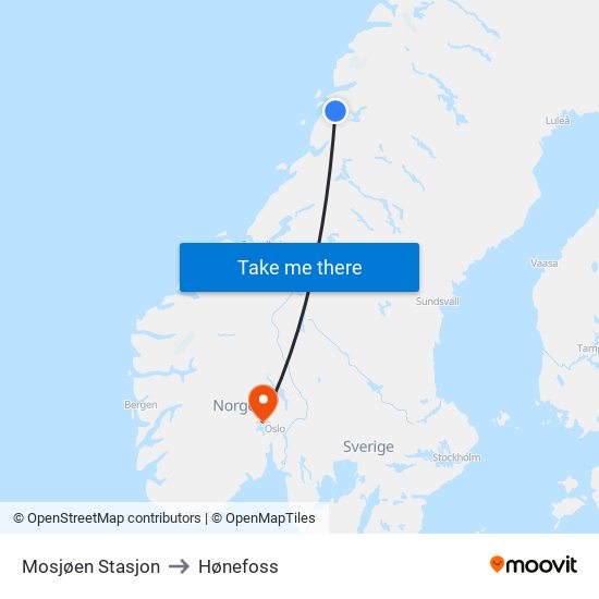 Mosjøen Stasjon to Hønefoss map