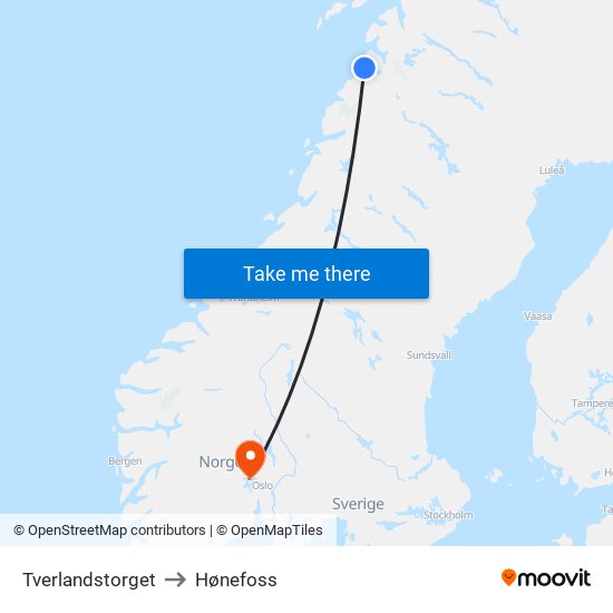 Tverlandstorget to Hønefoss map