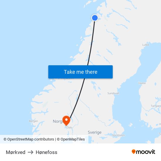 Mørkved to Hønefoss map