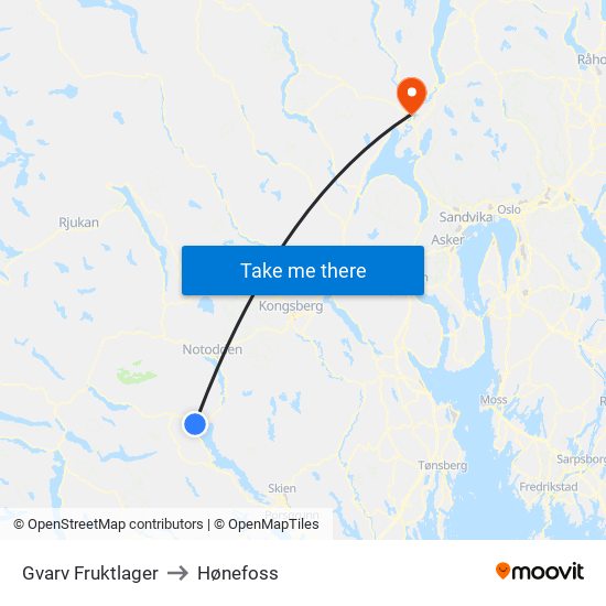 Gvarv Fruktlager to Hønefoss map