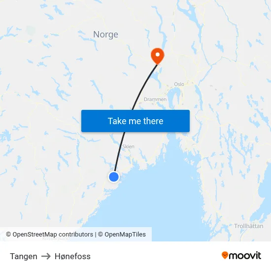 Tangen to Hønefoss map