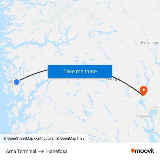 Arna Terminal to Hønefoss map