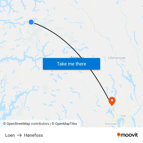 Loen to Hønefoss map