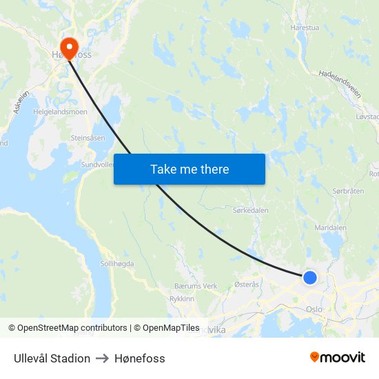 Ullevål Stadion to Hønefoss map