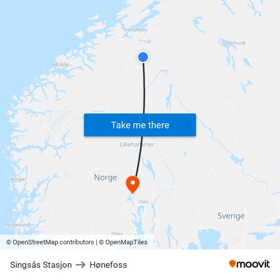 Singsås Stasjon to Hønefoss map