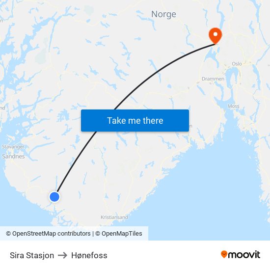 Sira Stasjon to Hønefoss map