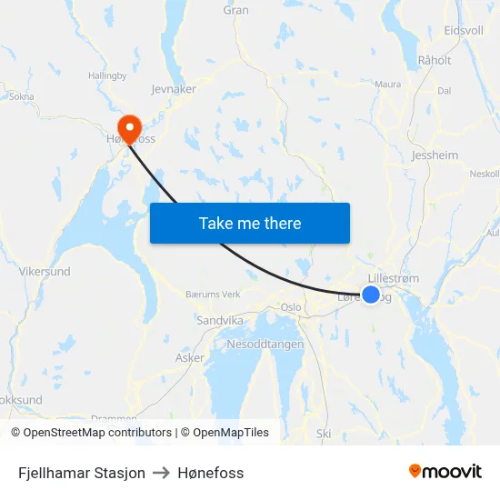 Fjellhamar Stasjon to Hønefoss map