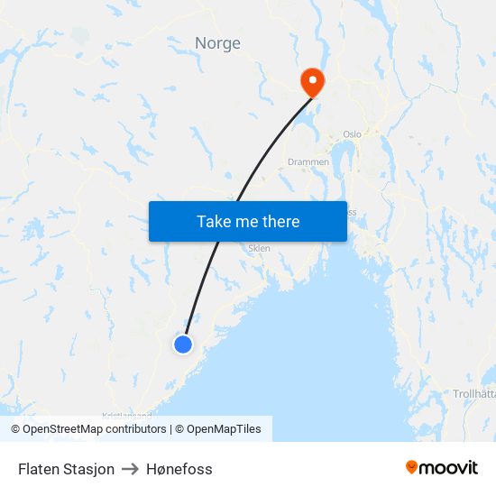 Flaten Stasjon to Hønefoss map