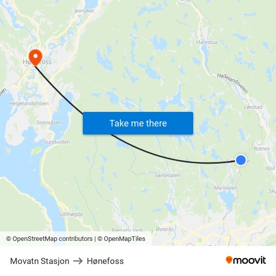 Movatn Stasjon to Hønefoss map