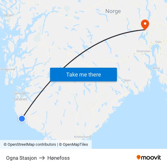 Ogna Stasjon to Hønefoss map