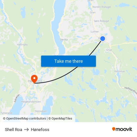 Shell Roa to Hønefoss map