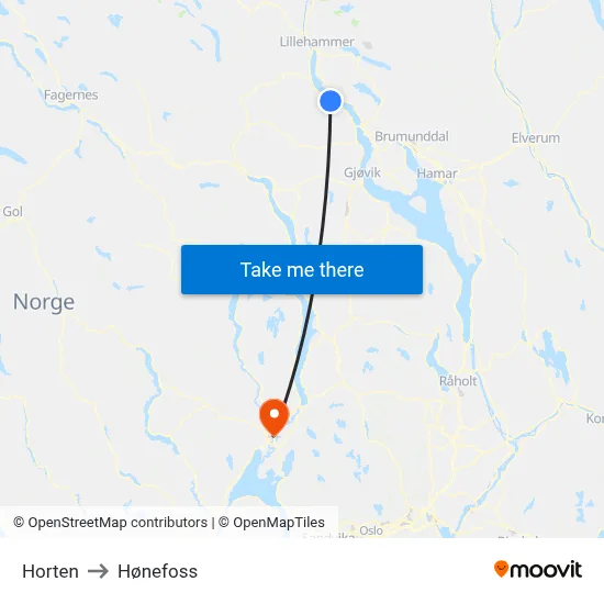 Horten to Hønefoss map