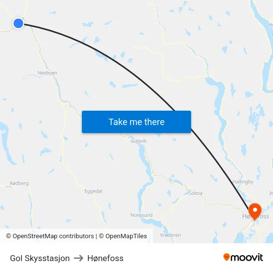 Gol Skysstasjon to Hønefoss map
