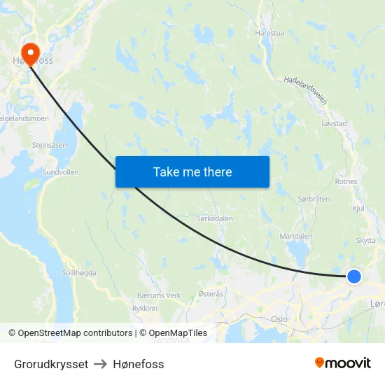 Grorudkrysset to Hønefoss map