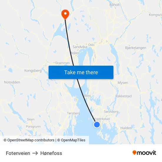 Fotenveien to Hønefoss map