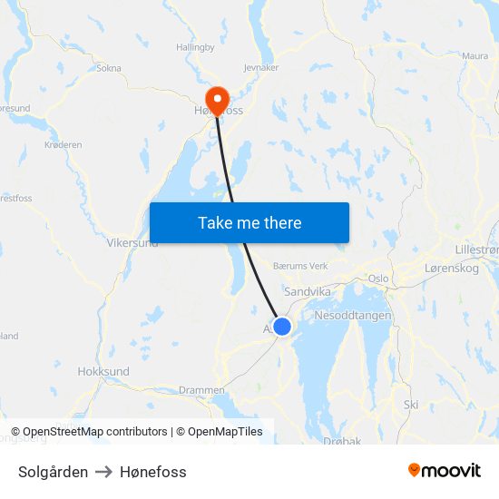 Solgården to Hønefoss map