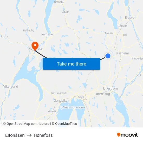 Eltonåsen to Hønefoss map