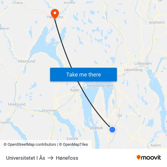 Universitetet I Ås to Hønefoss map