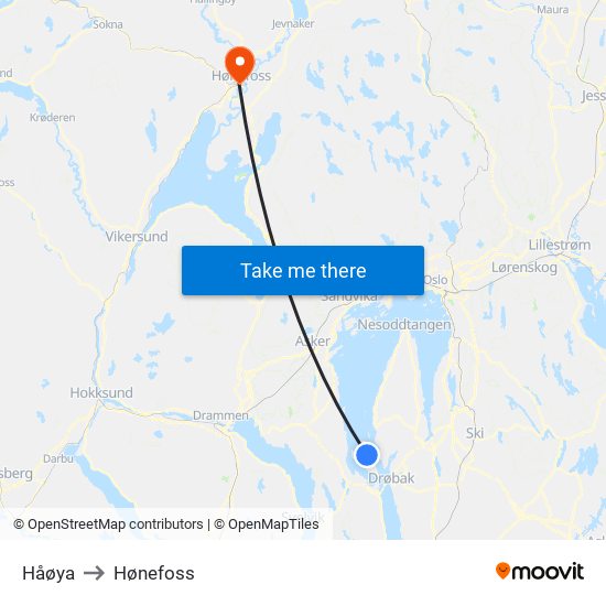 Håøya to Hønefoss map