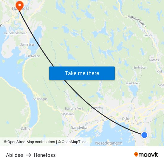 Abildsø to Hønefoss map