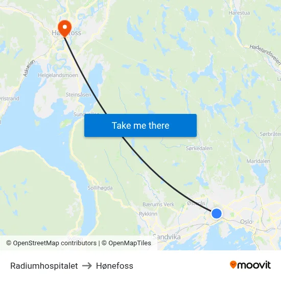 Radiumhospitalet to Hønefoss map