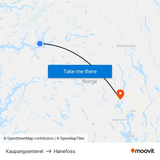 Kaupangsenteret to Hønefoss map