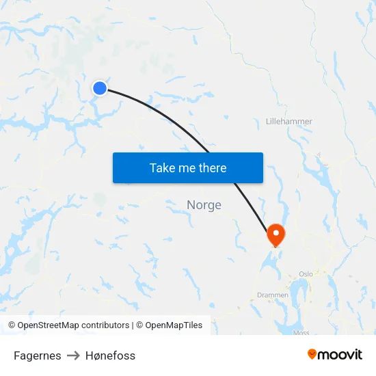 Fagernes to Hønefoss map