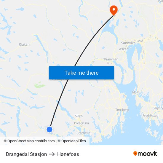 Drangedal Stasjon to Hønefoss map