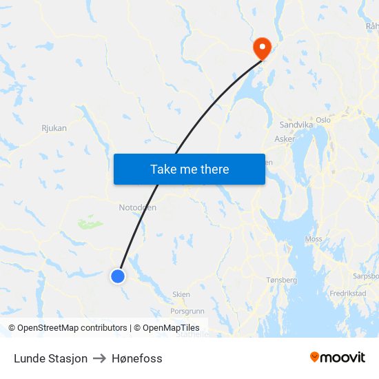Lunde Stasjon to Hønefoss map