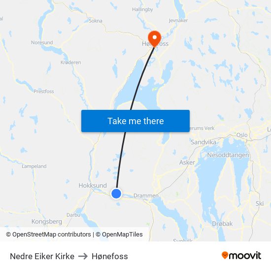 Nedre Eiker Kirke to Hønefoss map