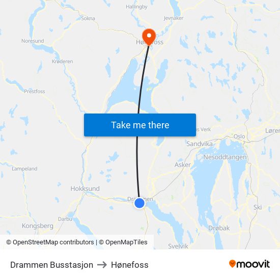 Drammen Busstasjon to Hønefoss map