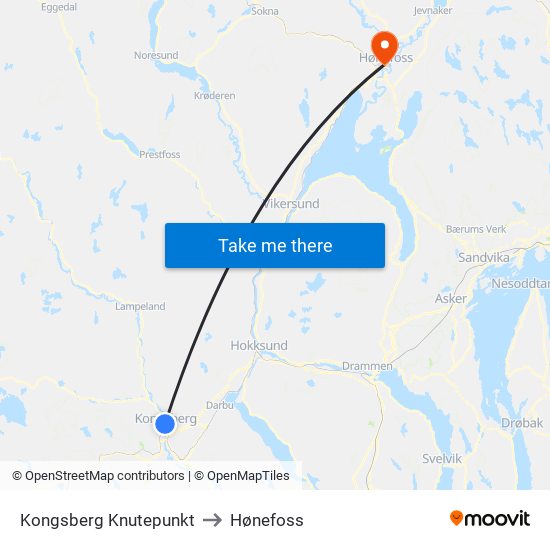 Kongsberg Knutepunkt to Hønefoss map