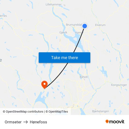 Ormseter to Hønefoss map