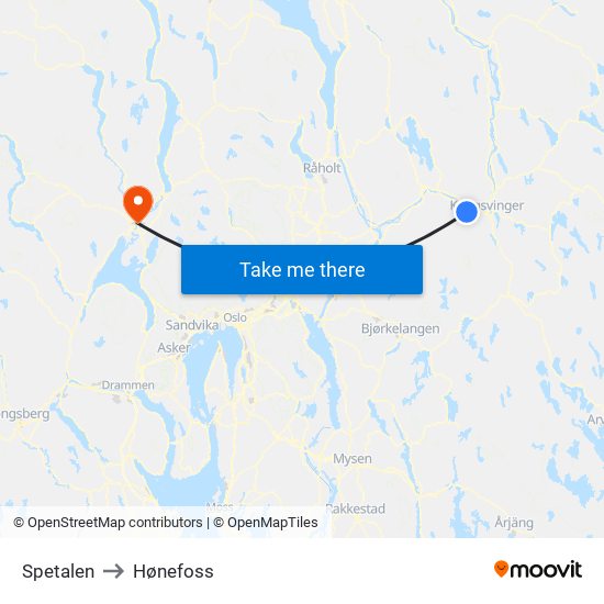 Spetalen to Hønefoss map
