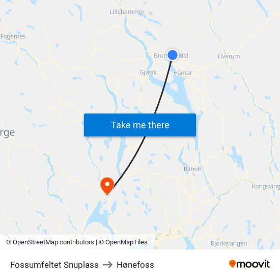 Fossumfeltet Snuplass to Hønefoss map