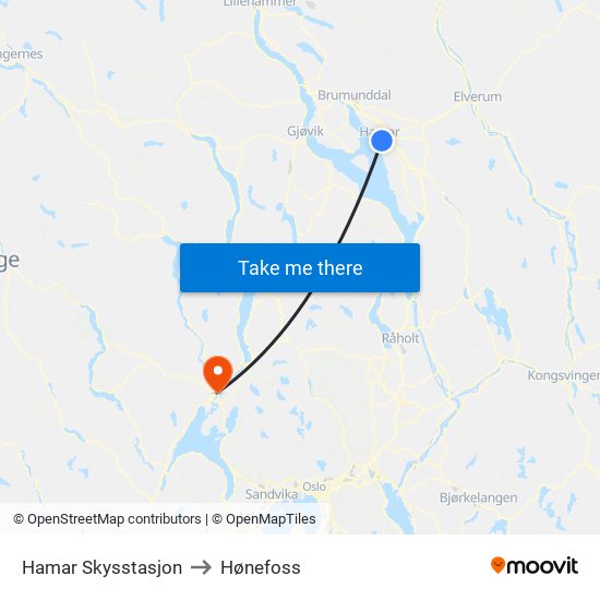 Hamar Skysstasjon to Hønefoss map