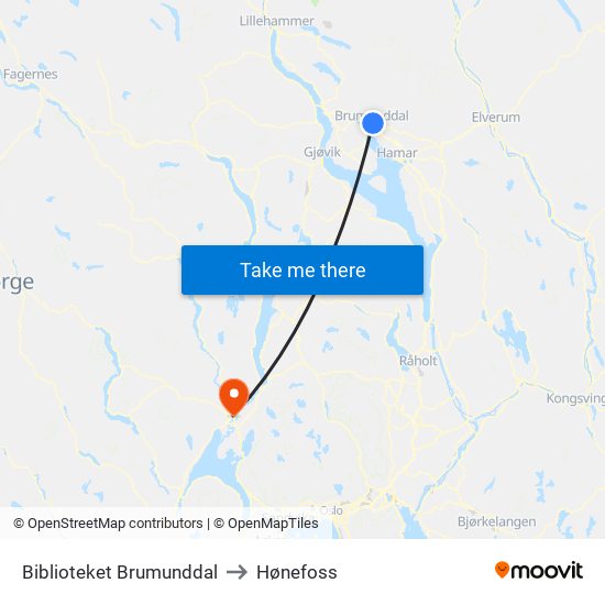 Biblioteket Brumunddal to Hønefoss map