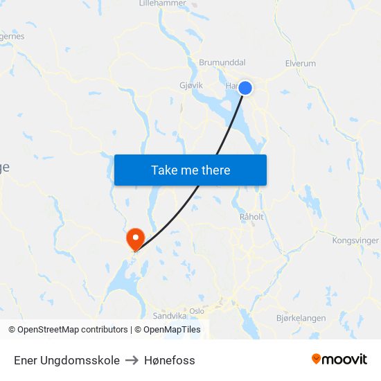 Ener Ungdomsskole to Hønefoss map