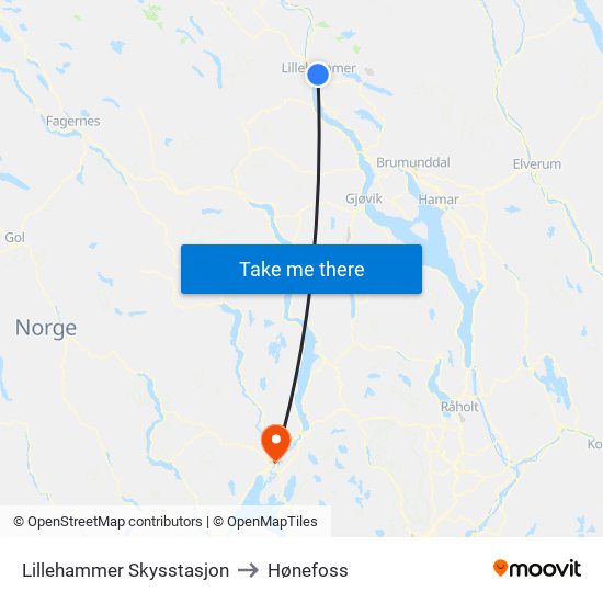 Lillehammer Skysstasjon to Hønefoss map