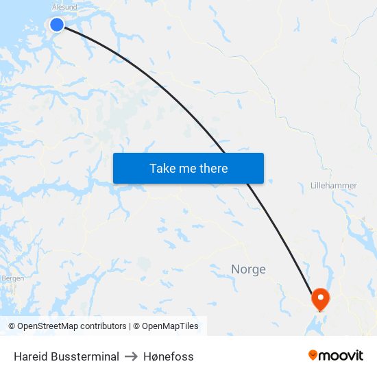 Hareid Bussterminal to Hønefoss map