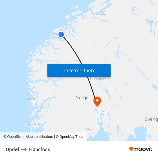 Opdøl to Hønefoss map