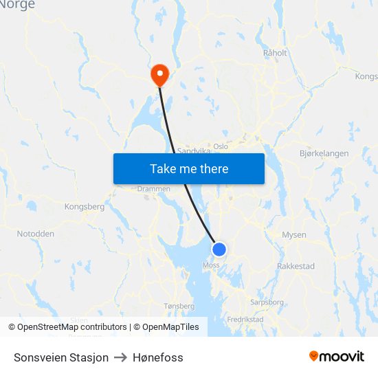 Sonsveien Stasjon to Hønefoss map