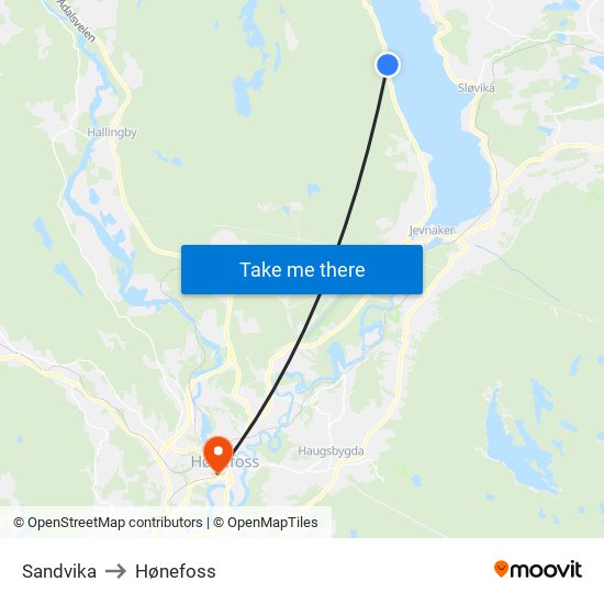 Sandvika to Hønefoss map