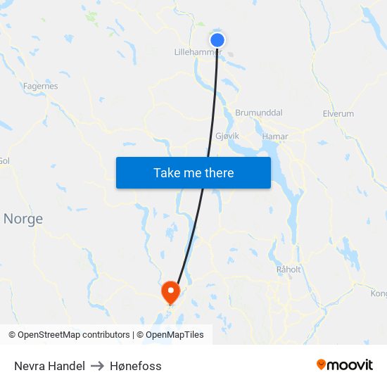 Nevra Handel to Hønefoss map